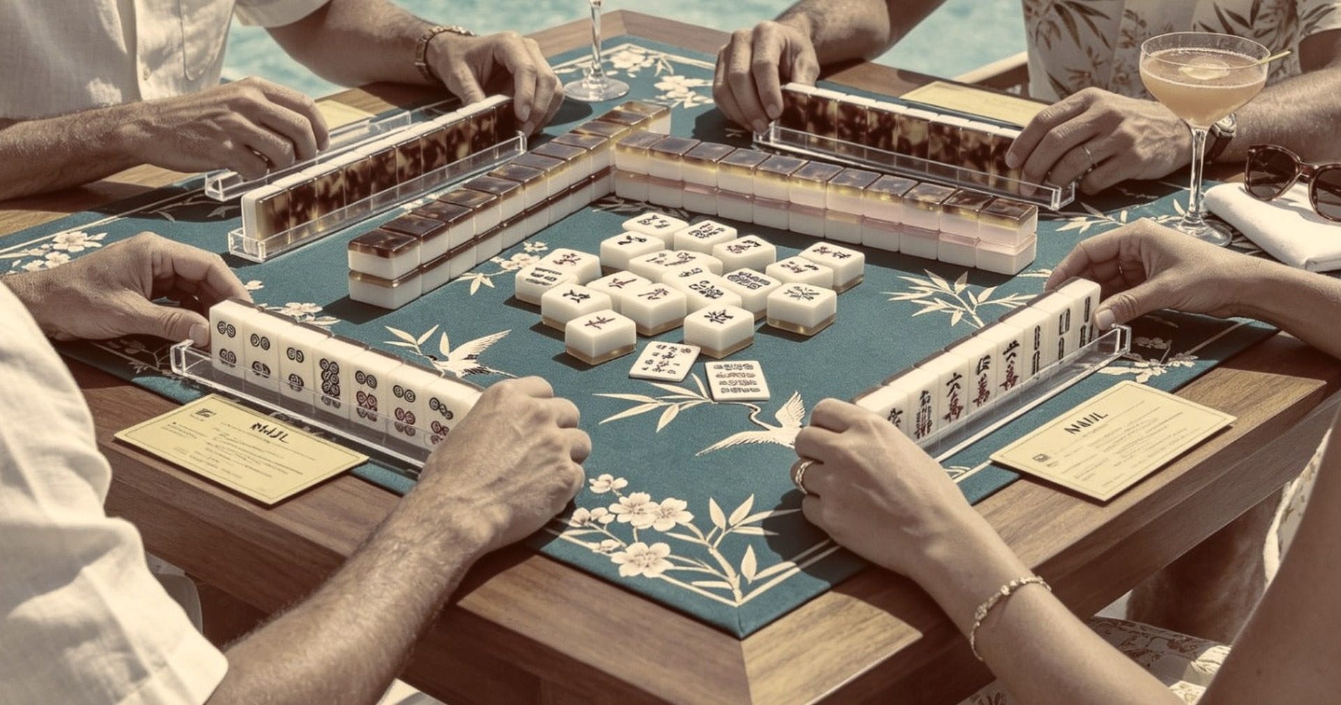 Four players mid-game around an ORO mahjong table in the late afternoon