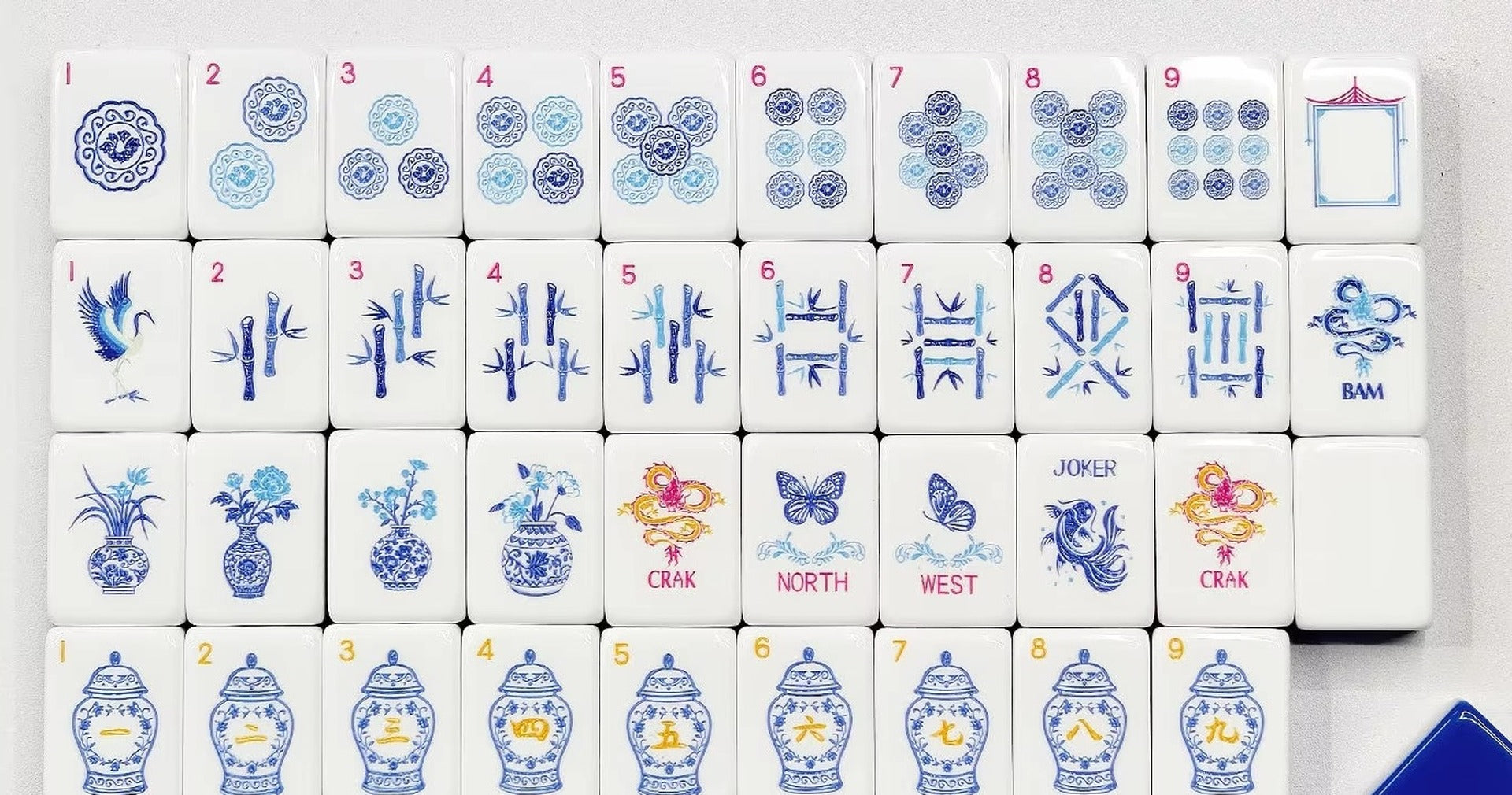 ORO Blue White Mahjong — the full 160-tile layout in four-layer acrylic