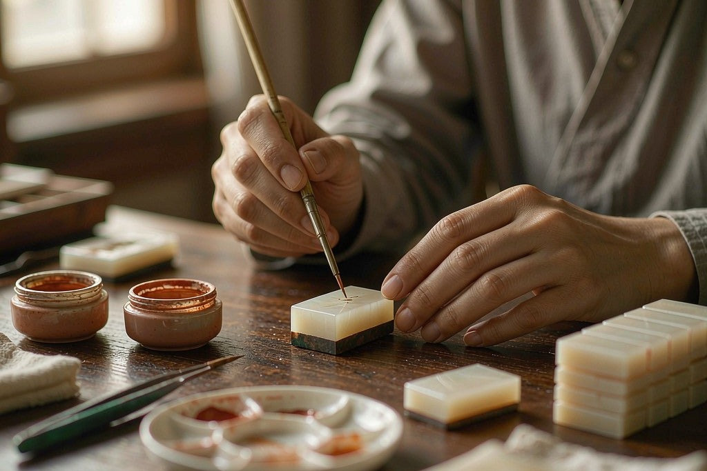 Hand-painting an ORO mahjong tile in the studio