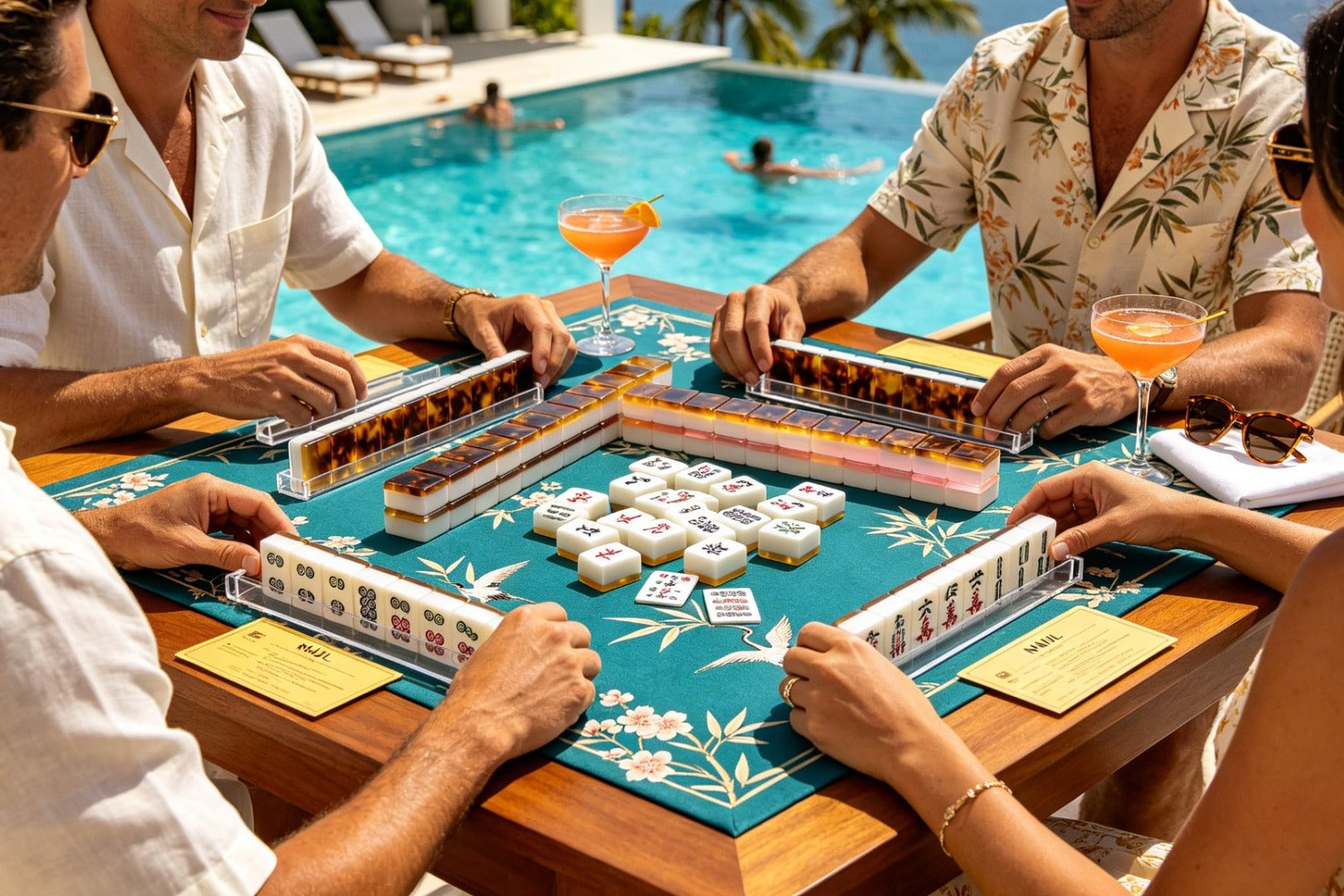 Friends playing an ORO bespoke mahjong set beside a pool
