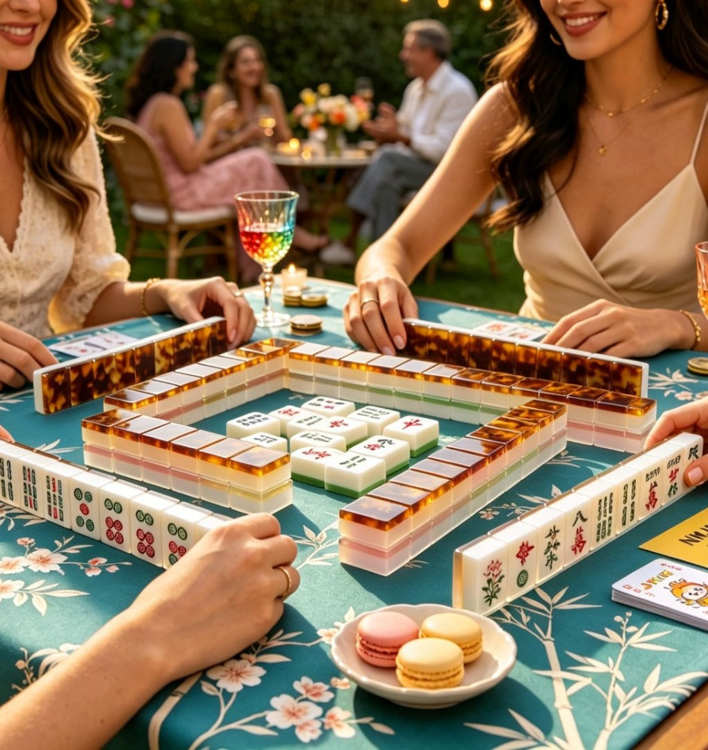 Friends playing American mahjong around a table in a garden at dusk